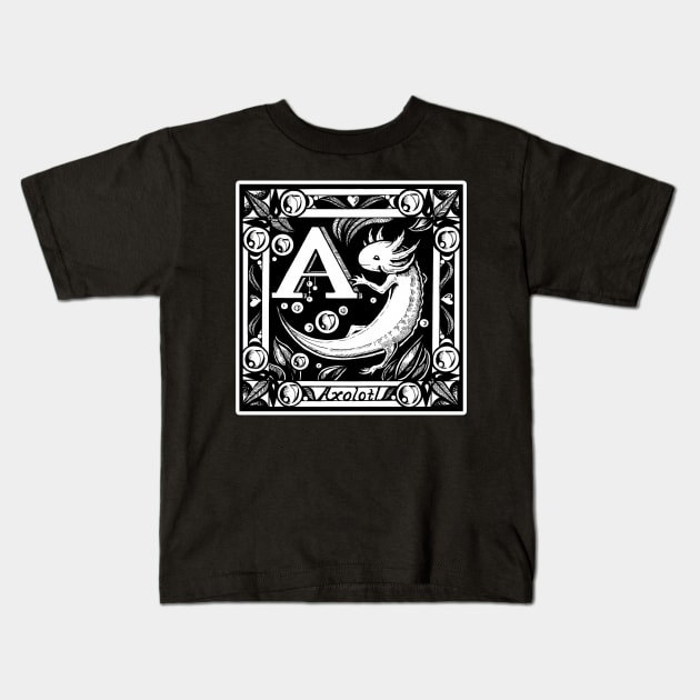 A is for Axolotl - White Outlined Version Kids T-Shirt by Nat Ewert Art